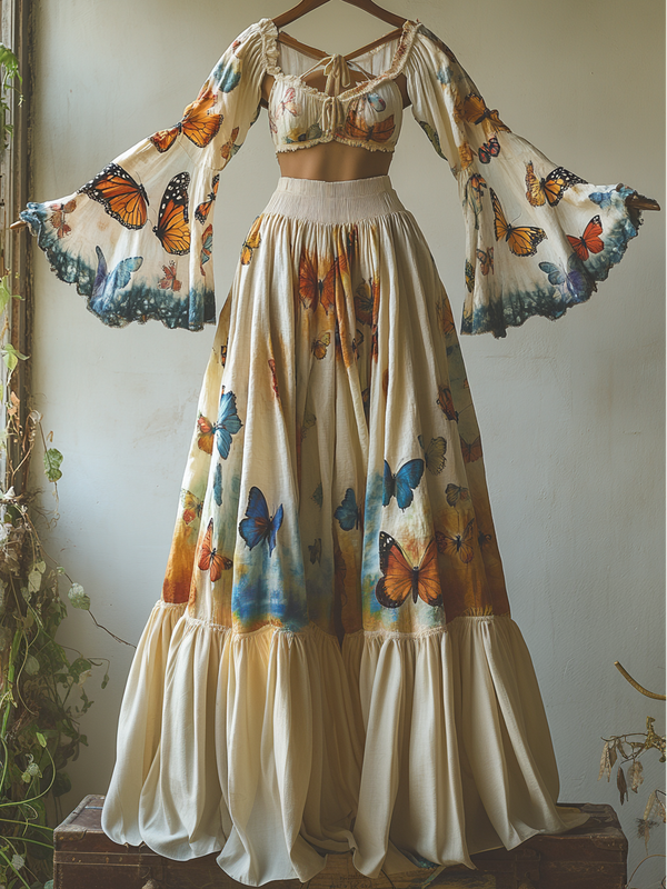 Vacation handmade gradient butterfly top + skirt two-piece set