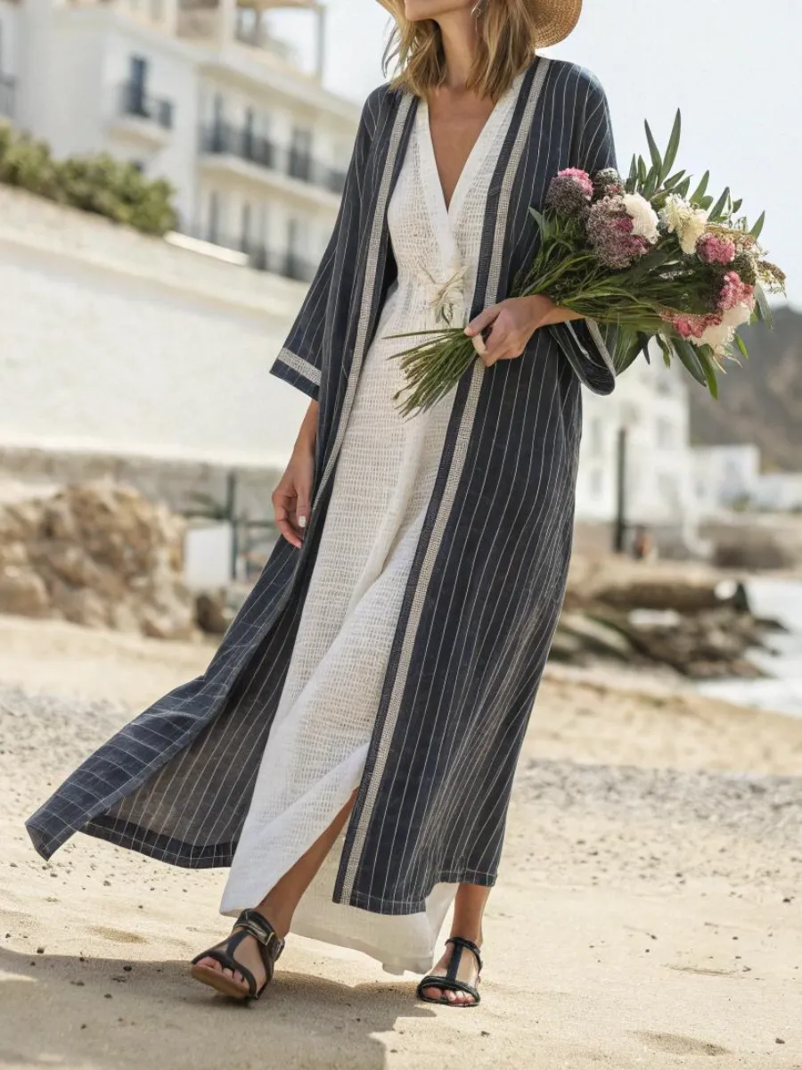 Women's cotton and linen striped robe suit