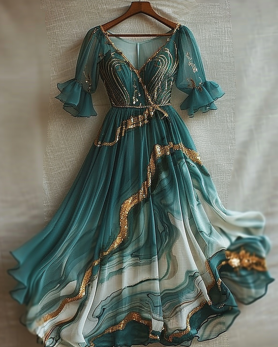 Summer vacation comfortable gilded printed chiffon ladies dress