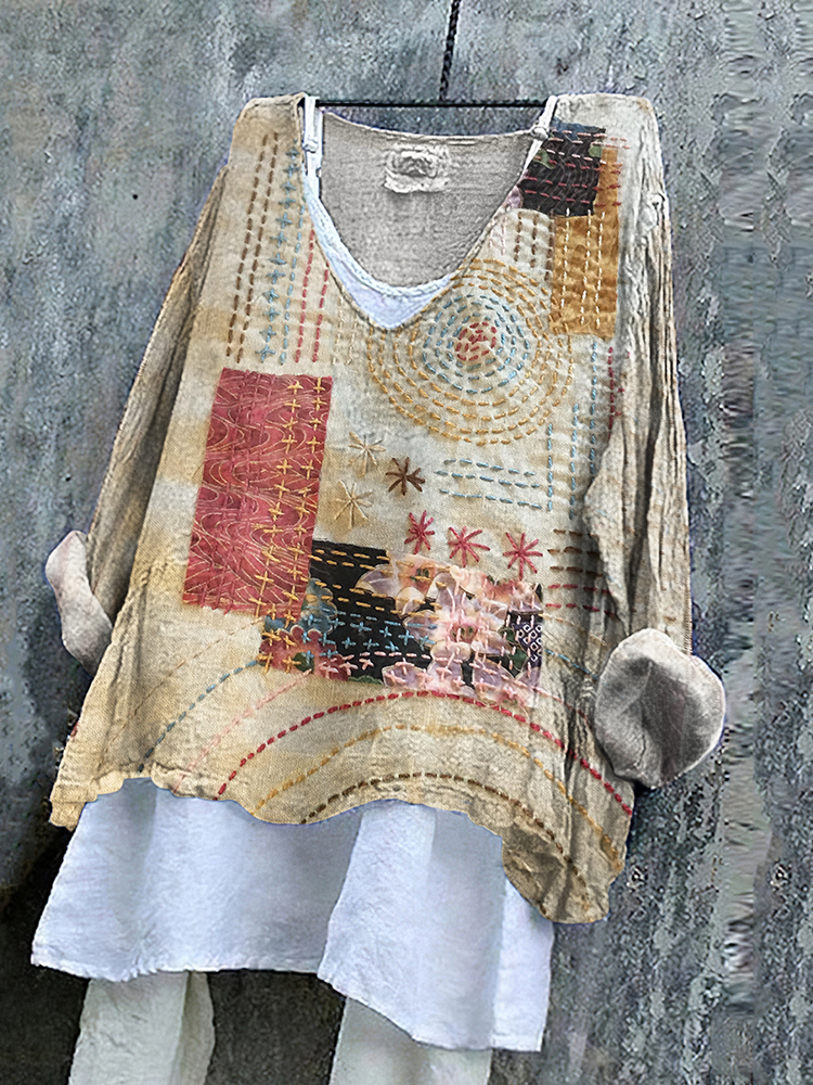 Vintage Patchwork Flowers Sashiko Art Linen Blend Blouse