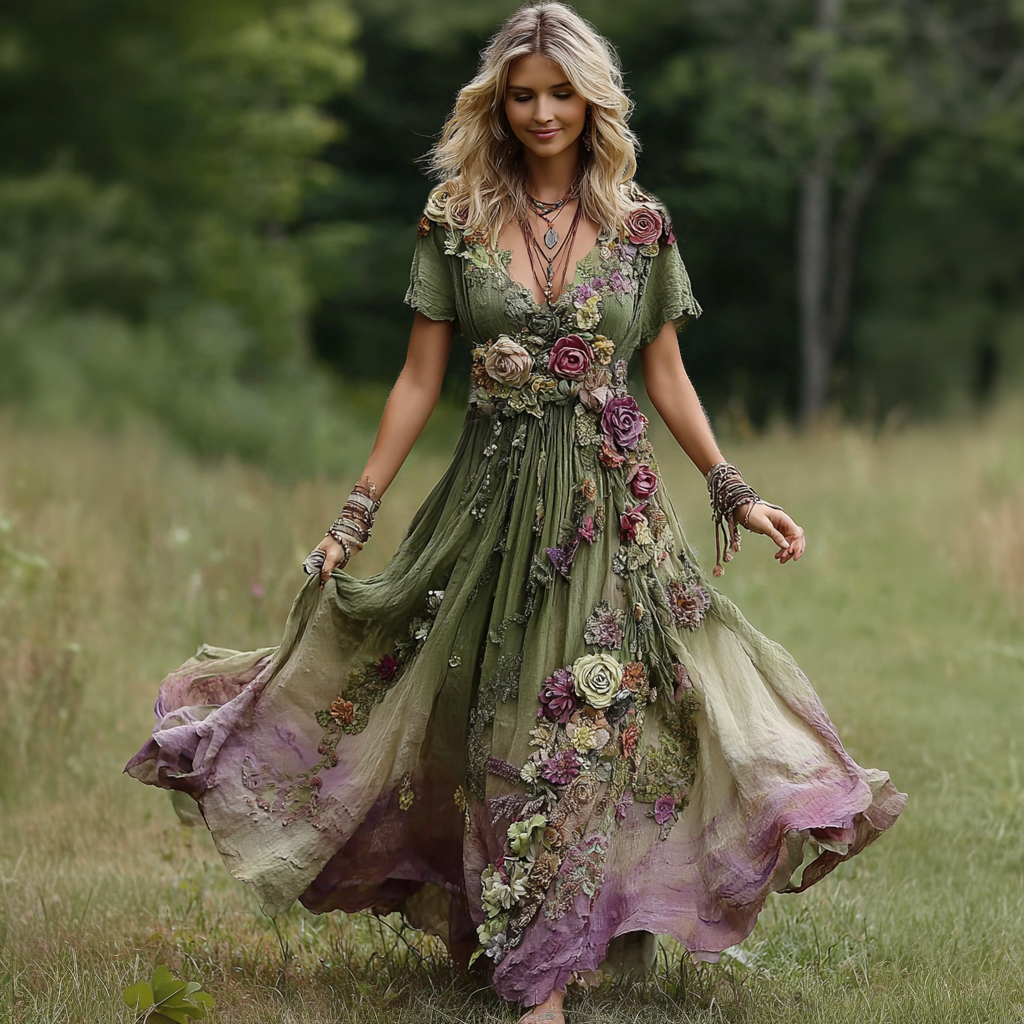 Women's Vintage Floral Embroidery Gradient Pattern V-neck Maxi Dress