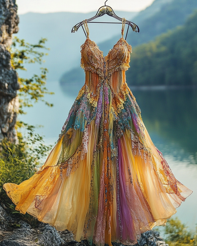 Summer Irregular Lace Patchwork Beaded Ruffle Dress