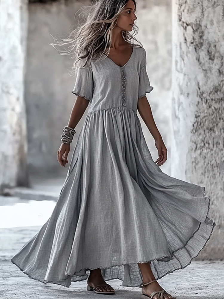 Vintage V Neck Cotton Linen Maxi Dress
