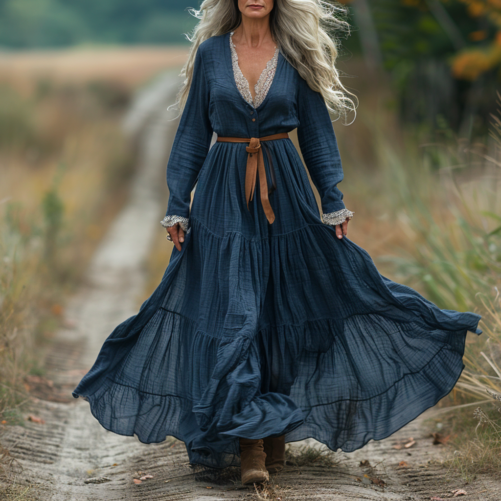 Women's Vintage V-neck Linen Long-sleeve Maxi Long Dress