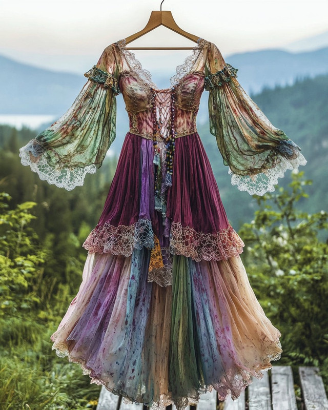 Summer Vacation Ruffle Lace Contrast Color Dress