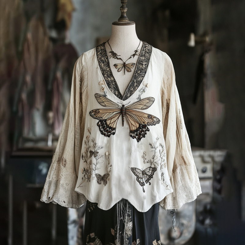 Women's Floral Dragonfly Embroidery Linen Art V-neck Shirt