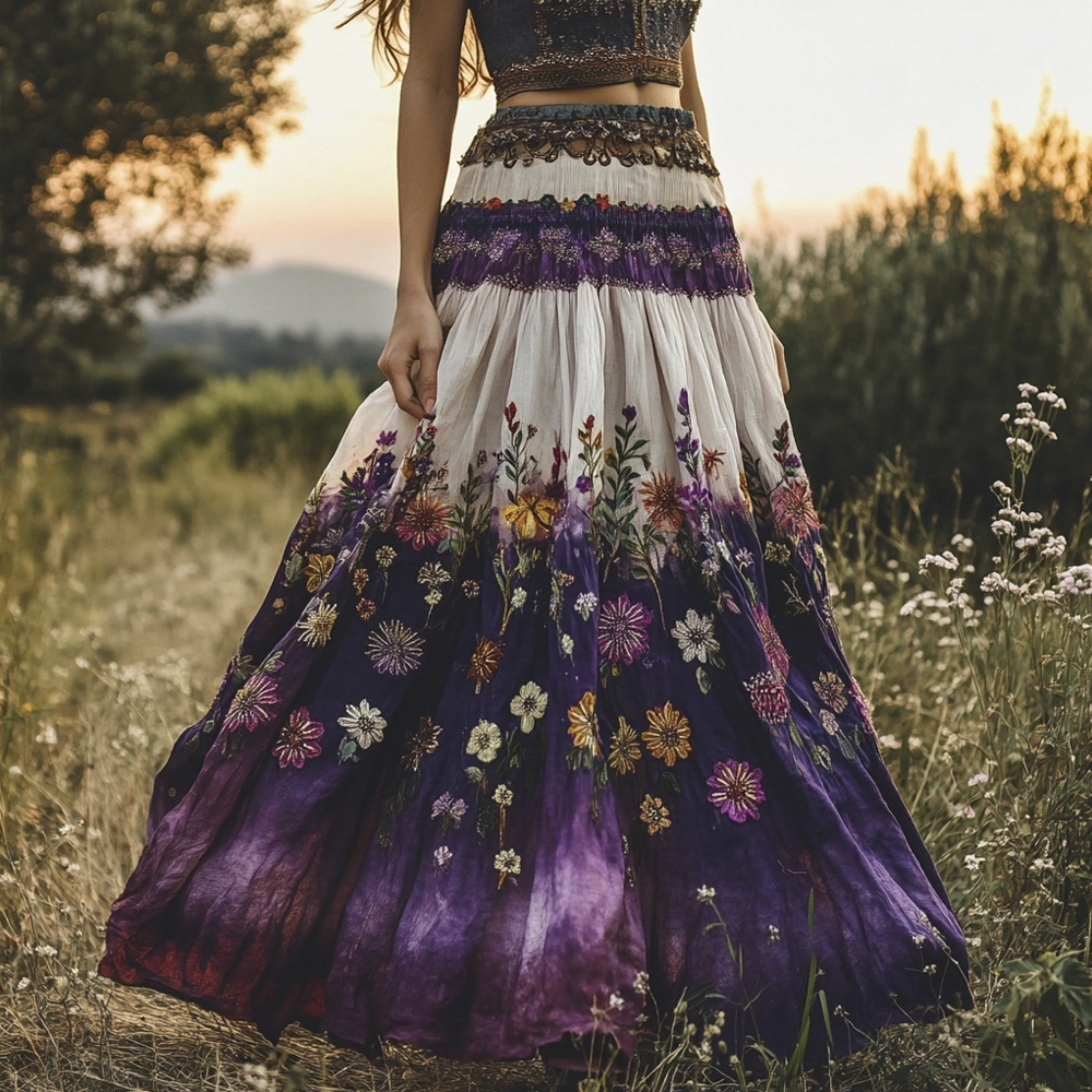 Women's Boho Floral Embroidery Purple Gradient Cotton Flowing Half Elastic Skirt