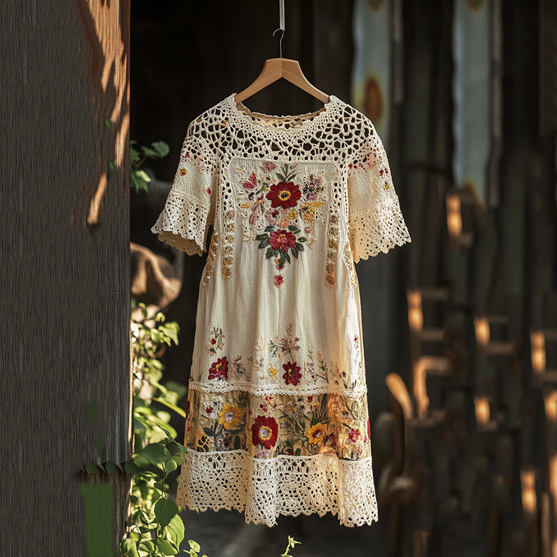 Women's Embroidered Floral Lace Round Neck Midi Dress