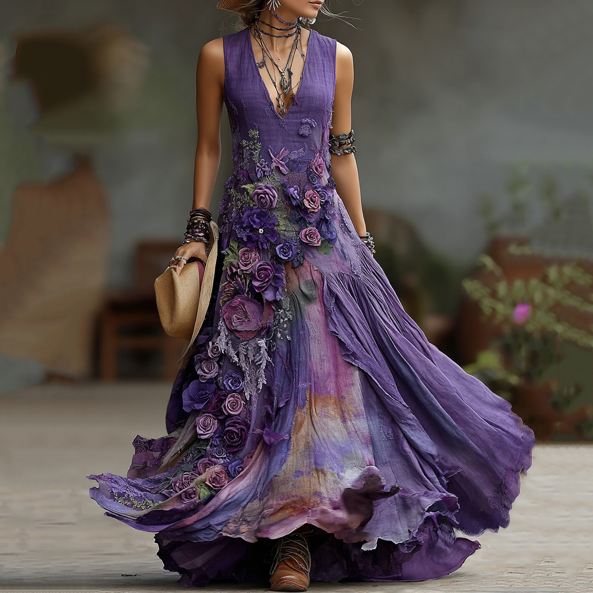 Vintage Embroidered Floral Color-changing Patchwork Maxi Dress