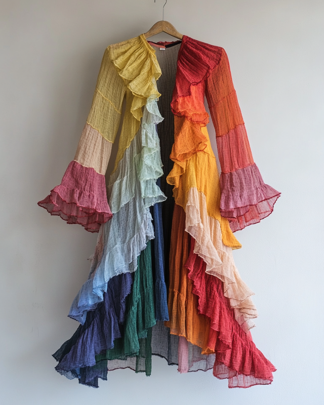 Color-Blocking Rainbow Ruffle Coat