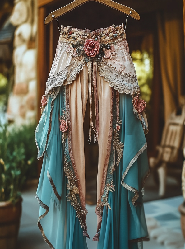 Summer ruffled cotton and linen patchwork contrast color pants