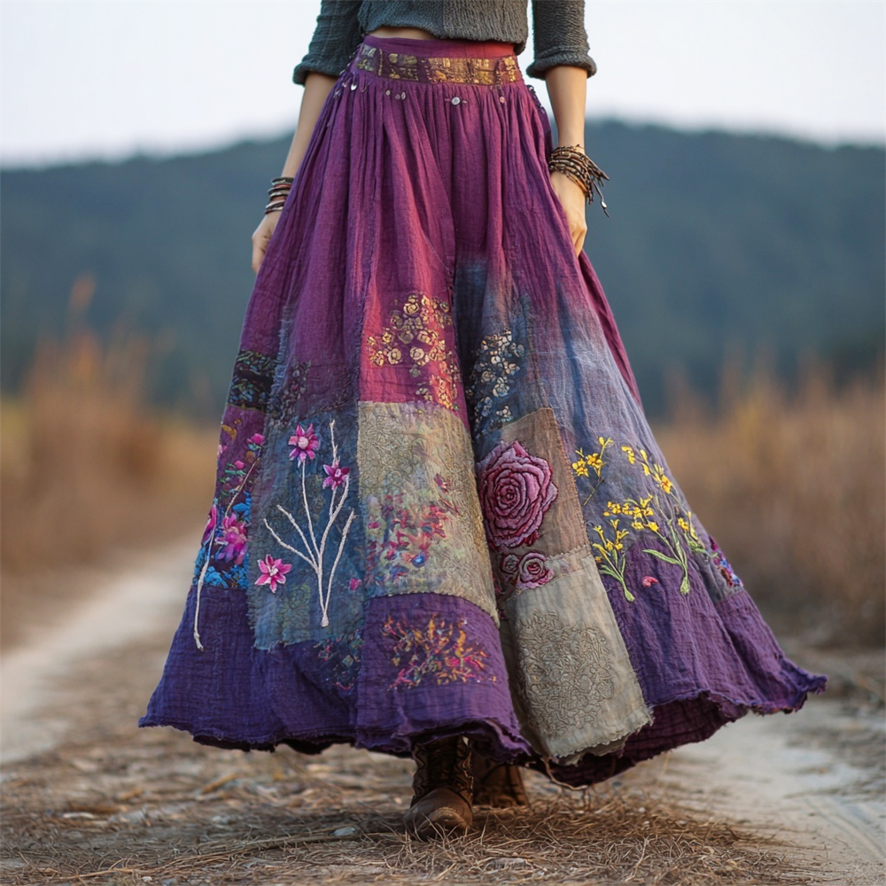 Boho Floral Embroidery Patchwork Vintage Art Women's Linen Flowy Maxi Dress