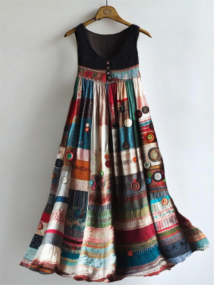 Boho Colorful Textile Flowy Linen Blend Tank Dress