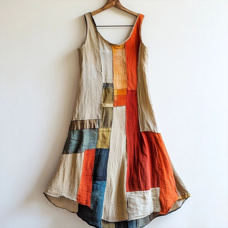 Vintage Multicolor Patchwork Art Linen Blend Dress