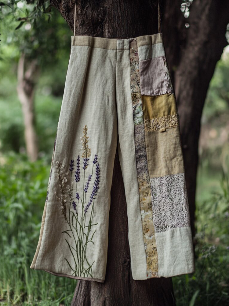 Women's Floral Patch Linen Comfort Casual Pants