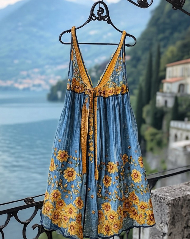 Summer Vacation Linen Sunflower Dress