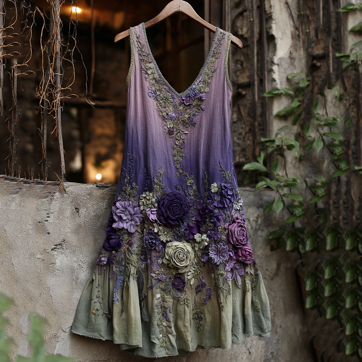 Vintage Classy Gradient Purple Lavender And Floral Embroidered Linen Maxi Dress