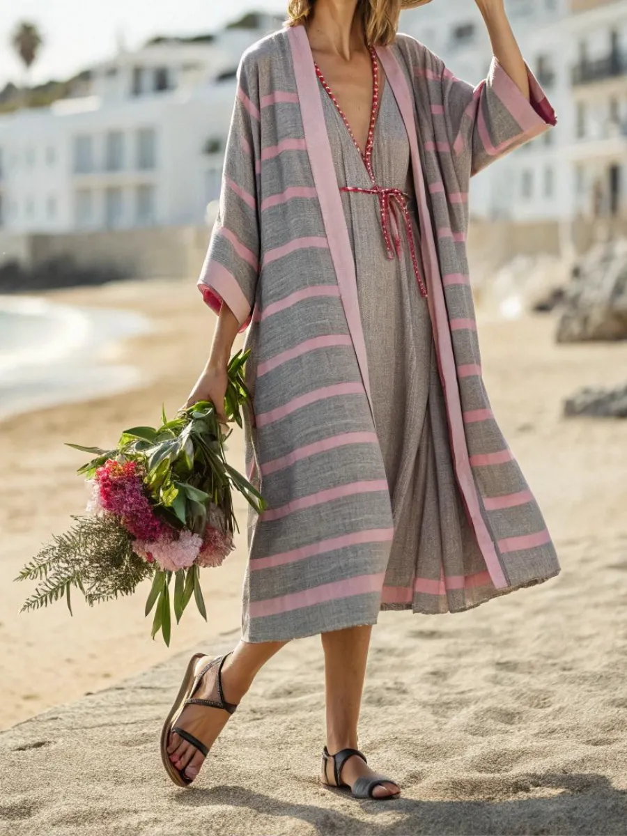 Women's cotton and linen striped robe suit