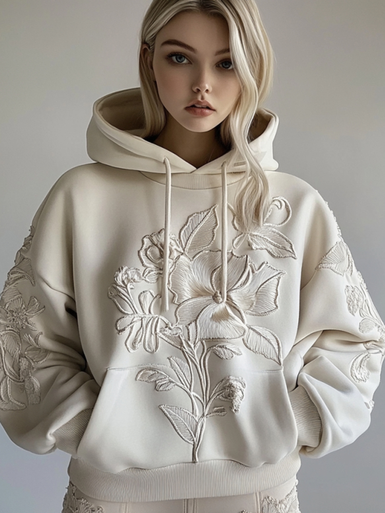 Women's Floral Embroidery Art Casual Cozy Hoodie