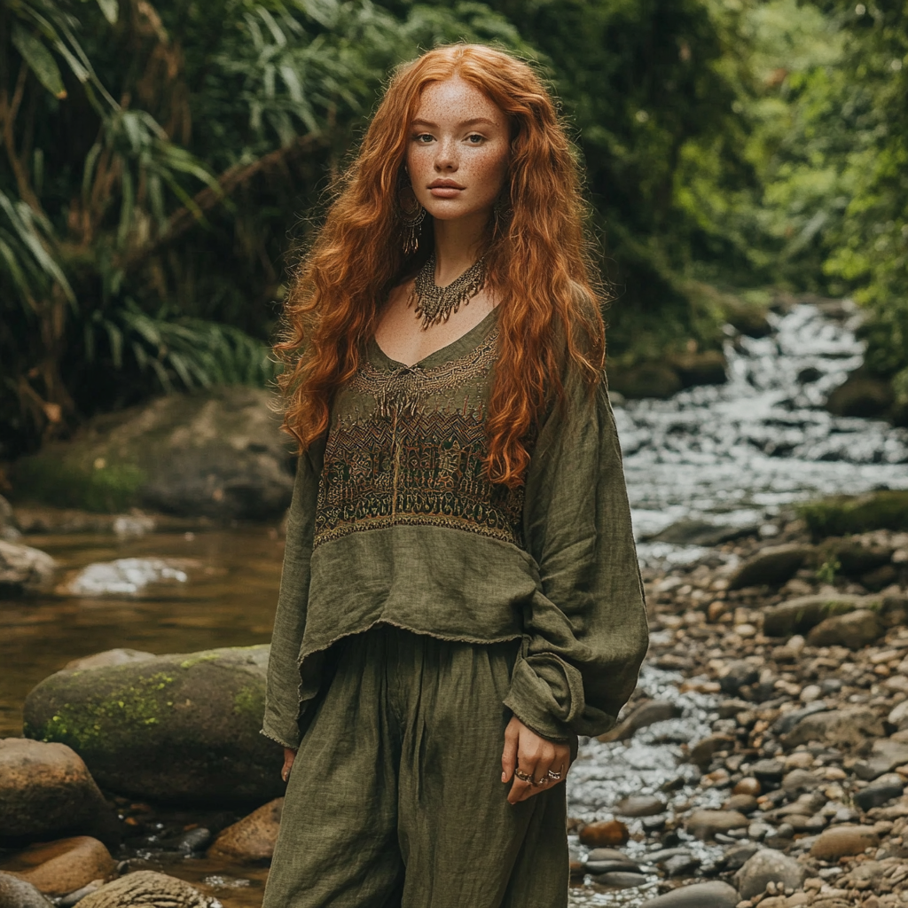 Bohemian Holiday Style Vintage Embroidered Print Casual Long-sleeved Top