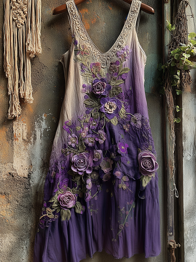 Classy Gradient Purple Lavender And Floral Embroidered Linen Maxi Dress
