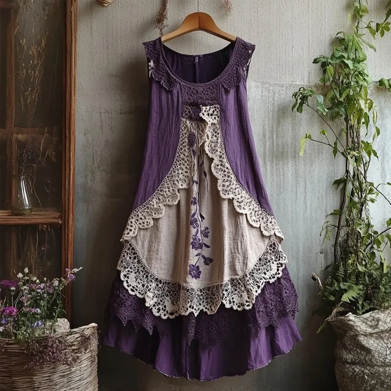 Retro Lace Patchwork Comfy Linen Tank Dress