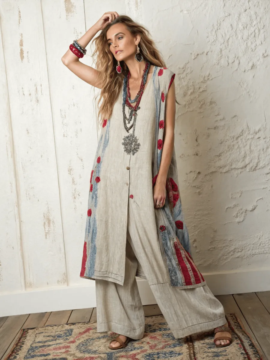 Women's cotton and linen long vest suit