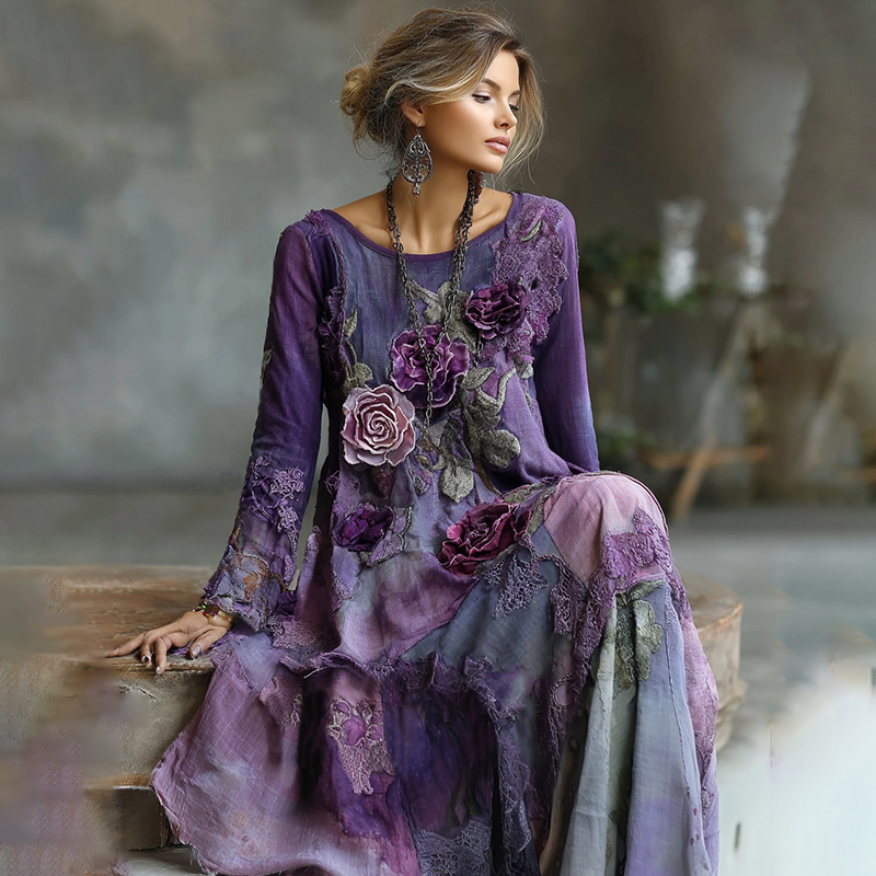 Vintage Bohemian Embroidered Floral Patchwork Linen Maxi Dress