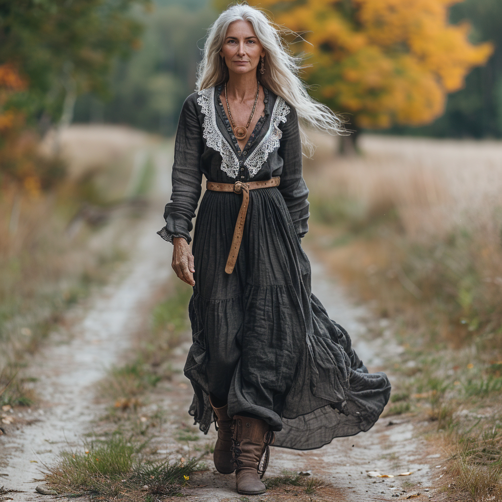 Women's Vintage V-neck Linen Long-sleeve Maxi Long Dress