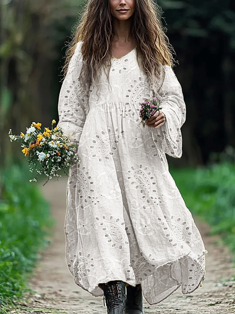 Vintage Western Paisley Floral Embroidered Lace Flowy Linen Dress