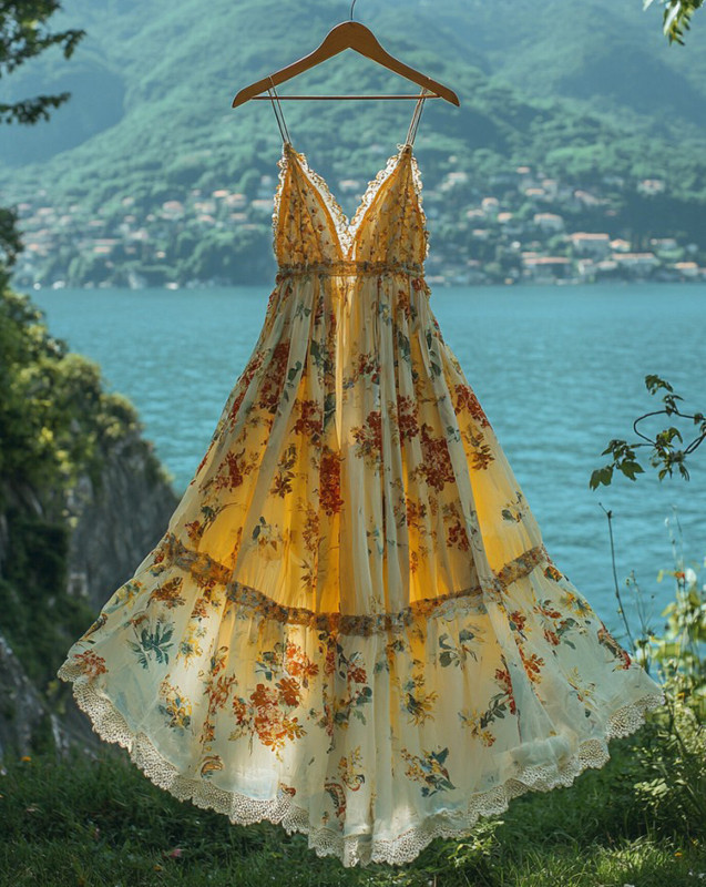 Summer Vacation Floral Print Ruffle Lace Chiffon Maxi Dress