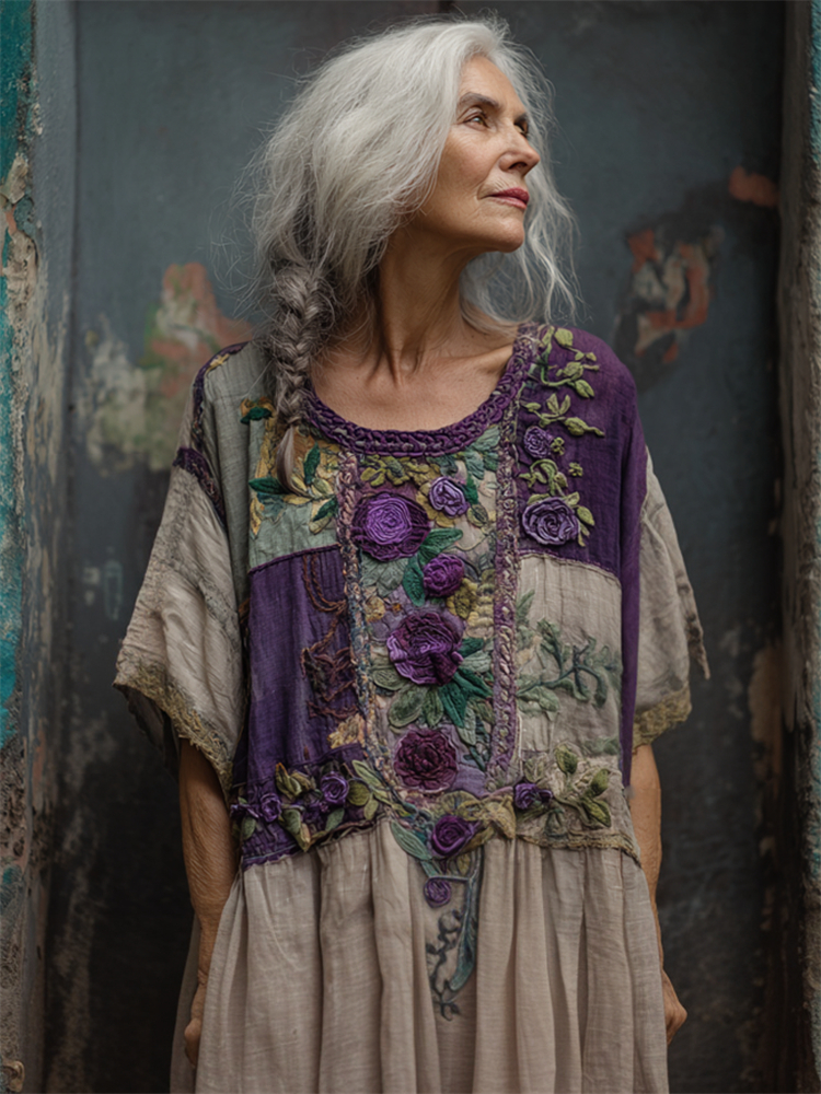 Vintage Cottagecore Purple Roses Embroidered Patchwork Linen Maxi Dress