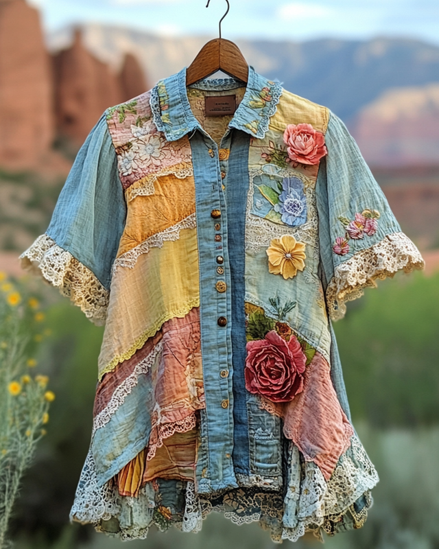 Summer Vintage Floral Lace Patchwork Shirt