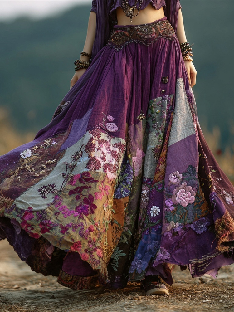 Boho Floral Patchwork Vintage Art Women's Linen Flowy Maxi Dress