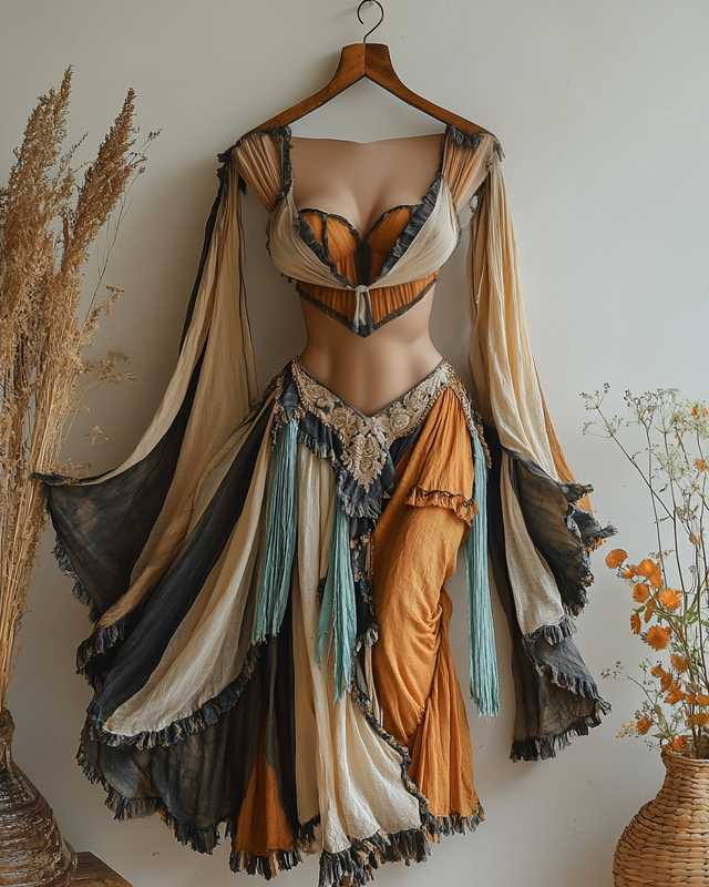 Vacation Handmade Color-Blocking Rainbow Irregular Top + Skirt Two Piece Set