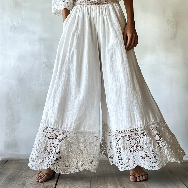 Vintage Boho Floral Lace Hem Flowy Linen Pants