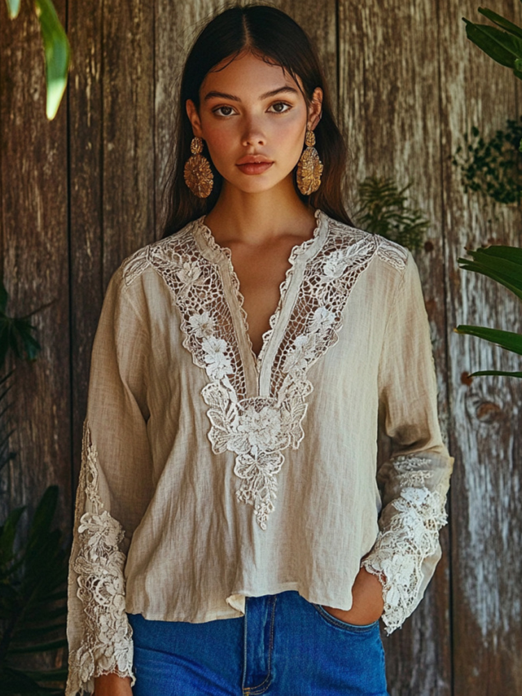 Women's Retro Floral Lace Embroidery Art V-neck Shirt