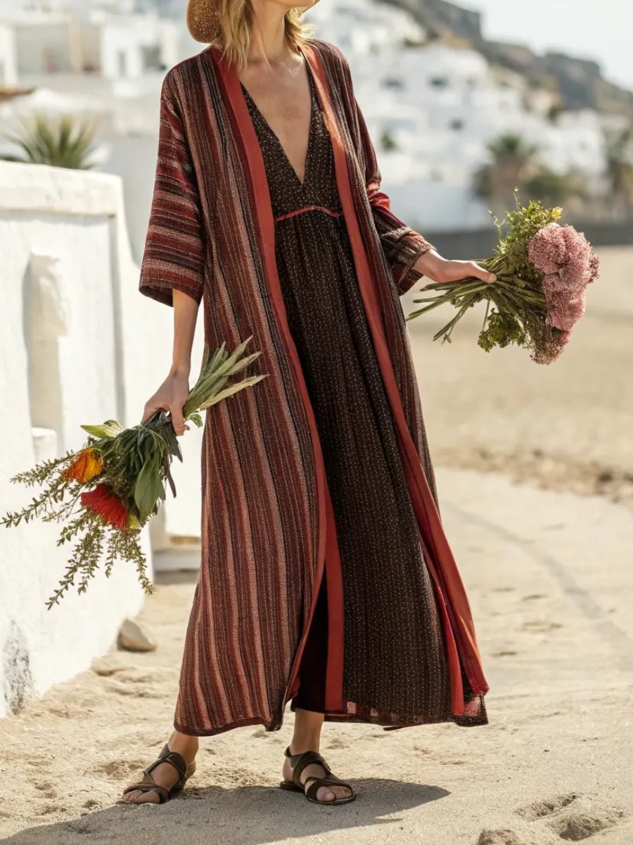 Women's cotton and linen striped robe suit