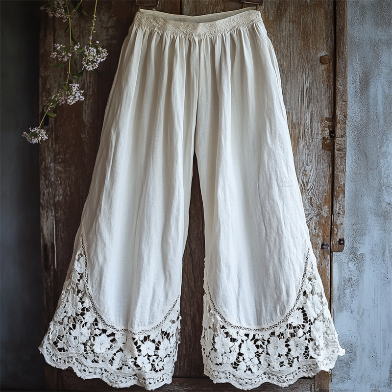 Vintage Boho Floral Lace Hem Wide Leg Linen Pants