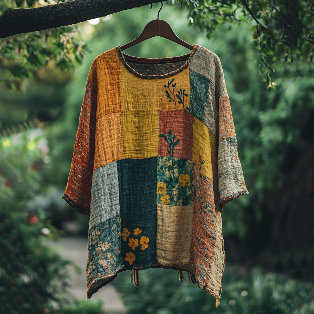 Vintage Color Block Floral Loose Linen Blend T-shirt