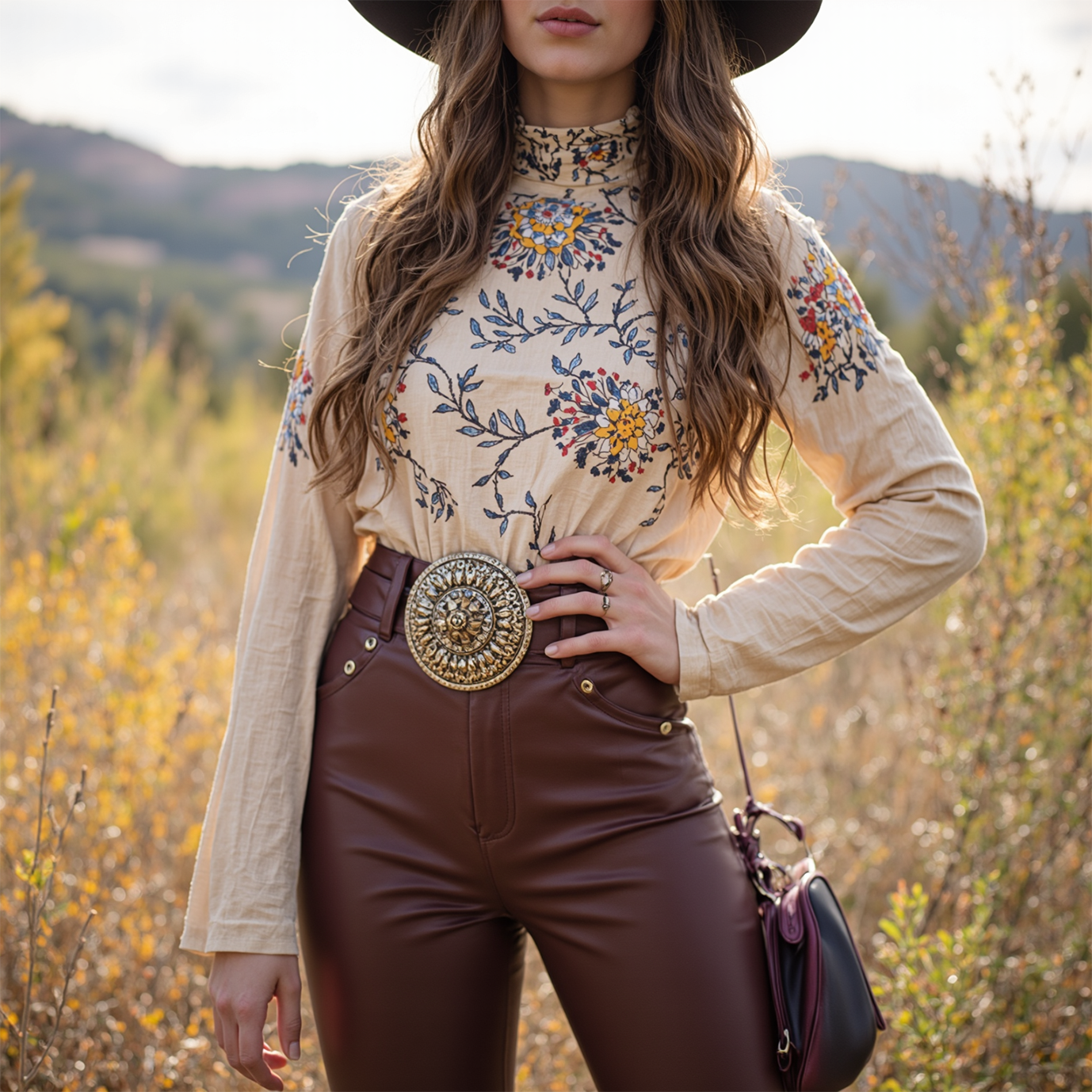 Women's Bohemian Floral Embroidered Top With Leather Belt And Pants