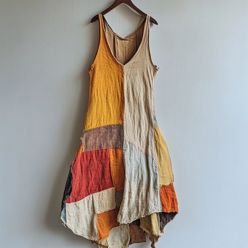 Vintage Patchwork Art Linen Blend Midi Dress