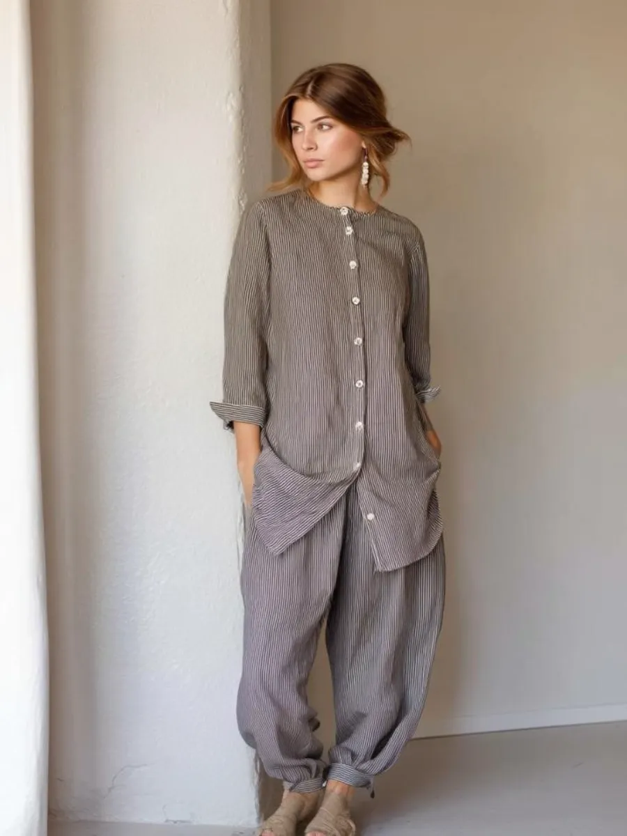 Women's cotton and linen round neck long sleeve suit