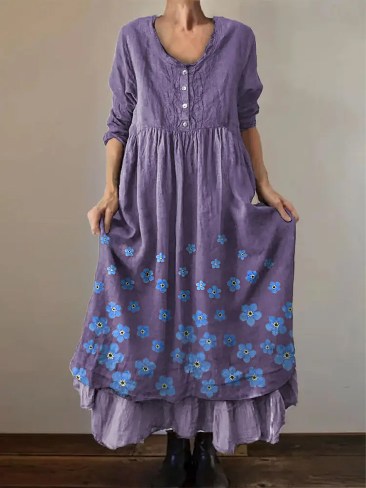 Vintage Purple Floral Art Alzheimer's Awareness Button Up Maxi Dress