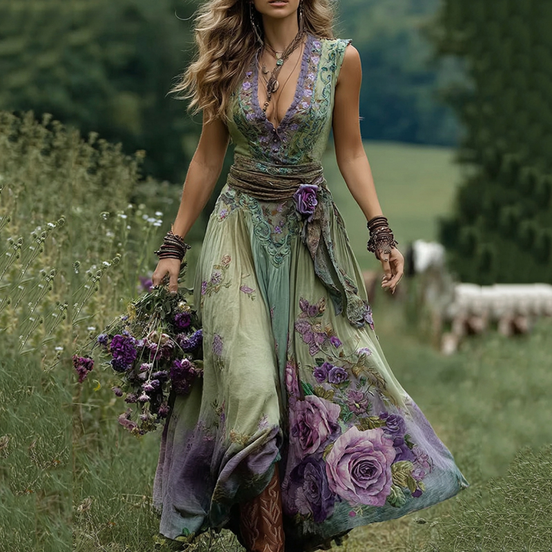 Vintage Purple Floral V Neck Sleeveless Maxi Dress