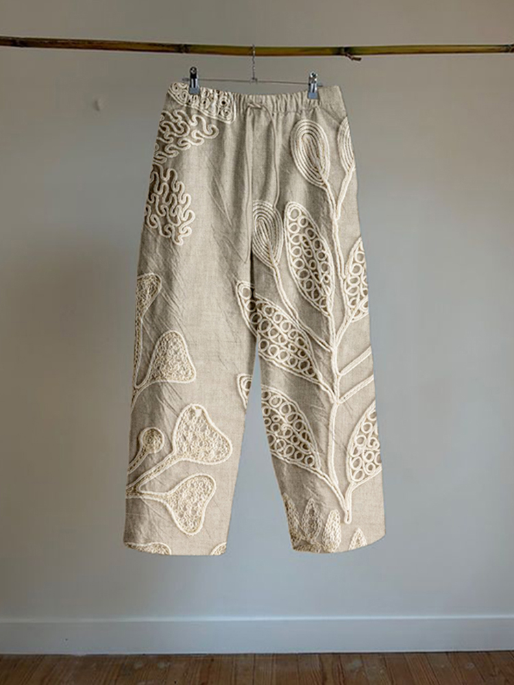 Vintage Leaf Embroidery Art Linen Blend Comfy Pants
