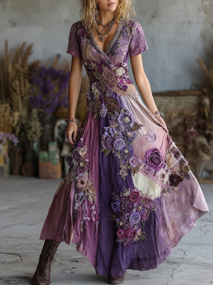 Vintage Purple Patchwork And Floral Embroidered Art Linen Maxi Dress