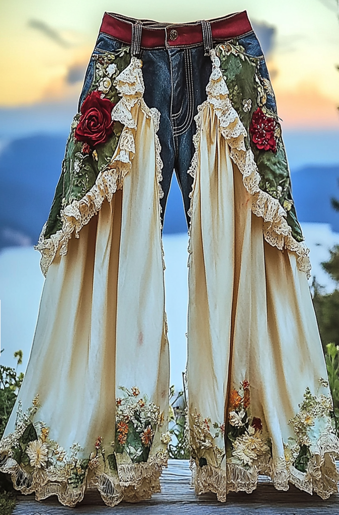 Summer ruffled denim cotton and linen patchwork contrast color pants