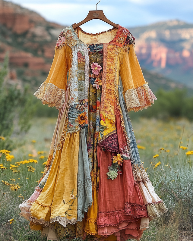 Summer Vintage Floral Lace Patchwork Dress