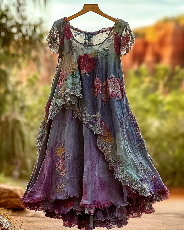 Summer Vintage Floral Lace Patchwork Dress